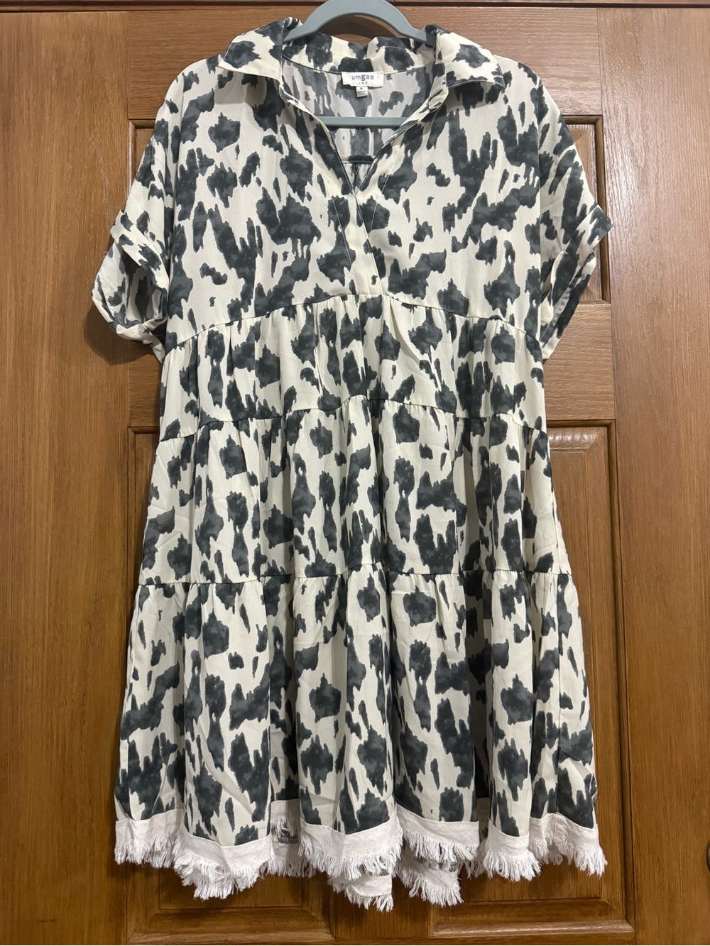 Umgee White and Black Tiered Tunic with Fringe Hem